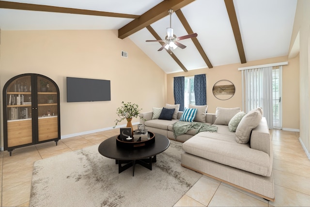735 Red Rock Canyon Dr, Katy, TX 77450 - tiled living room with beam ceiling, healthy amount of natural light, a ceiling fan, and high vaulted ceiling