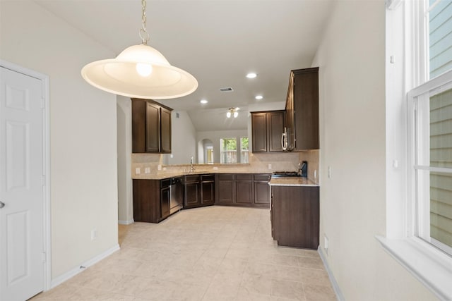 6439 Wilshire Rdg, Houston, TX 77040 - kitchen featuring tasteful backsplash, dark brown cabinetry, recessed lighting, light countertops, and a ceiling fan