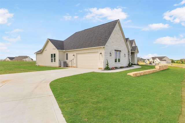1355 Bluebonnet Ridge Dr, Chappell Hill, TX 77426 - view of front of home featuring board and batten siding, concrete driveway, a front yard, a shingled roof, and stone siding