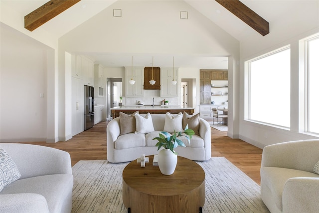 1355 Bluebonnet Ridge Dr, Chappell Hill, TX 77426 - living room with high vaulted ceiling, beamed ceiling, and light wood-type flooring