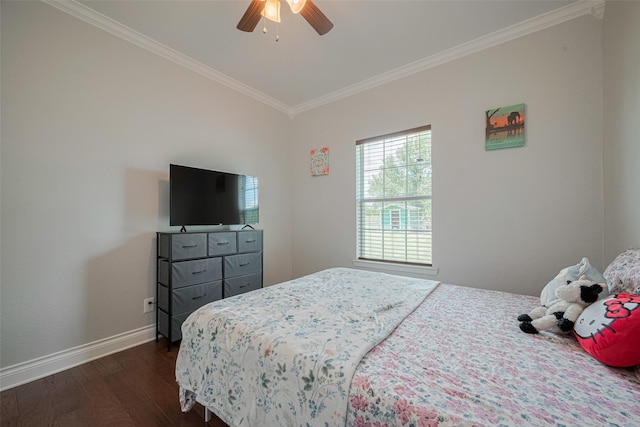 8705 W 1st St, Needville, TX 77461 - bedroom featuring dark wood-style flooring, ornamental molding, and ceiling fan