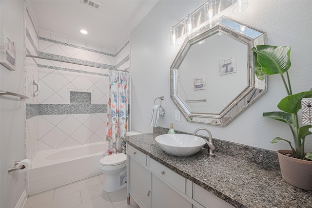 8705 W 1st St, Needville, TX 77461 - bathroom with vanity, shower / bathtub combination with curtain, and tile patterned floors