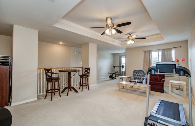 21522 Amesbury Meadow Ln, Spring, TX 77379 - workout room with a raised ceiling, carpet, and ceiling fan