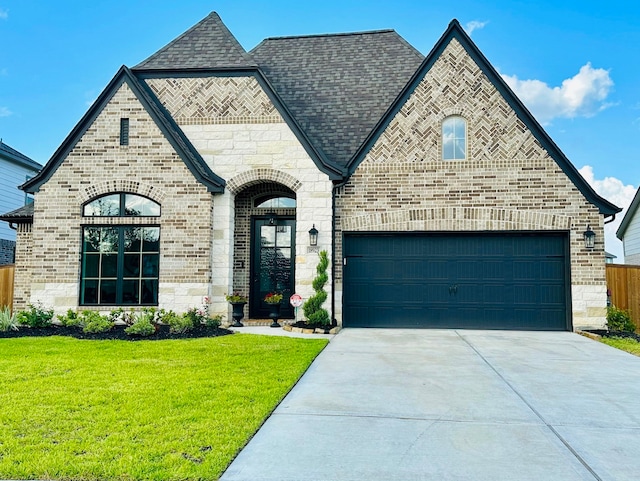 18923 Toscana Ln, New Caney, TX 77357 - french country home featuring brick siding, driveway, a front lawn, and a shingled roof