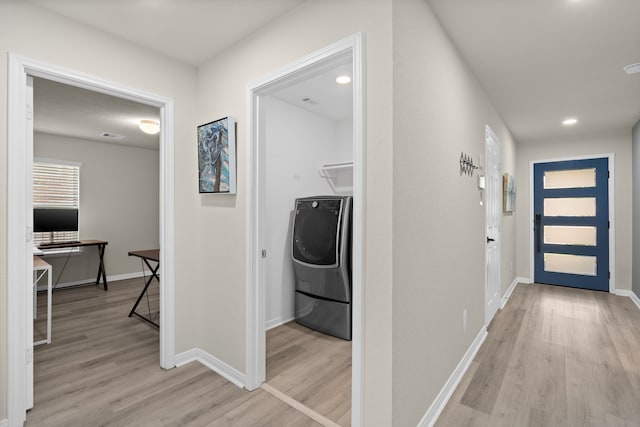 10433 Russell Pines Dr, Rosharon, TX 77583 - hallway featuring washer / clothes dryer, light wood-type flooring, an office area, and recessed lighting