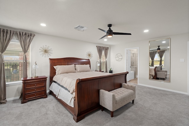 10433 Russell Pines Dr, Rosharon, TX 77583 - bedroom featuring light carpet, recessed lighting, a ceiling fan, and ensuite bath