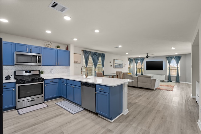 10433 Russell Pines Dr, Rosharon, TX 77583 - kitchen featuring stainless steel appliances, a peninsula, decorative backsplash, a ceiling fan, and light wood-style flooring