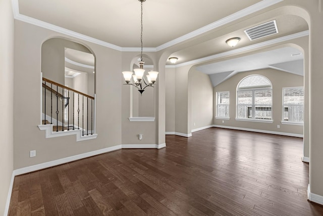 5622 Chipstone Trail Ln, Katy, TX 77493 - spare room with arched walkways, a chandelier, dark wood-style flooring, stairway, and lofted ceiling