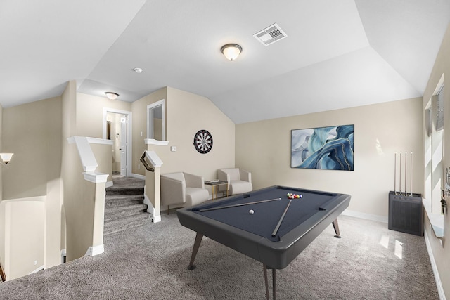 5622 Chipstone Trail Ln, Katy, TX 77493 - recreation room featuring carpet, vaulted ceiling, and billiards table