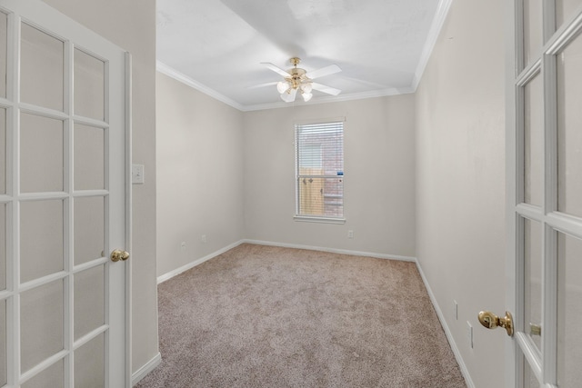 15215 Millers Run Ln, Sugar Land, TX 77498 - unfurnished room with crown molding, carpet, a ceiling fan, and french doors