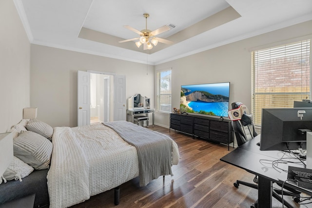 15215 Millers Run Ln, Sugar Land, TX 77498 - bedroom featuring a tray ceiling, wood finished floors, a desk, ornamental molding, and ceiling fan