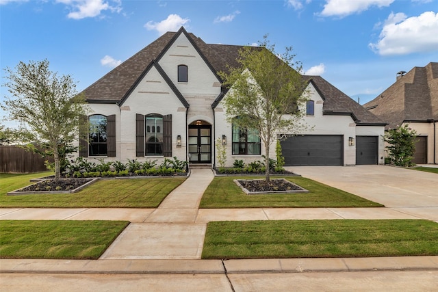 6826 Mirabeau Ln, Katy, TX 77493 - french country home featuring a front yard, driveway, a shingled roof, brick siding, and french doors
