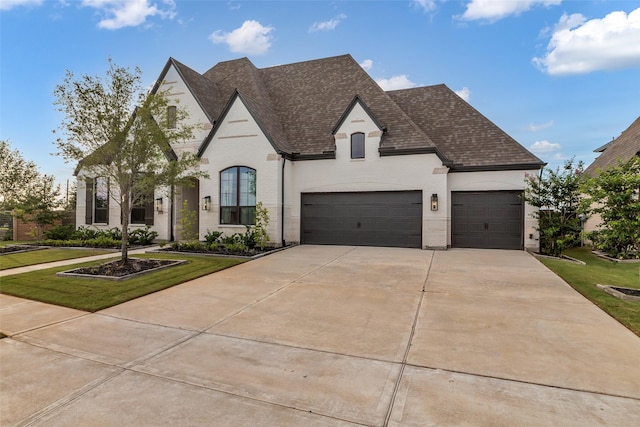 6826 Mirabeau Ln, Katy, TX 77493 - french country style house with a shingled roof, concrete driveway, a front yard, and a garage