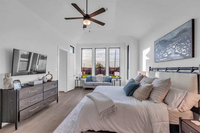 6826 Mirabeau Ln, Katy, TX 77493 - bedroom with wood finished floors, high vaulted ceiling, and ceiling fan