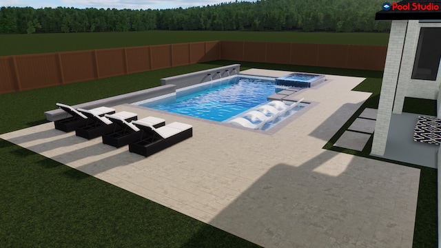 6826 Mirabeau Ln, Katy, TX 77493 - view of swimming pool with a wooded view, a patio, a fenced backyard, and a pool with connected hot tub