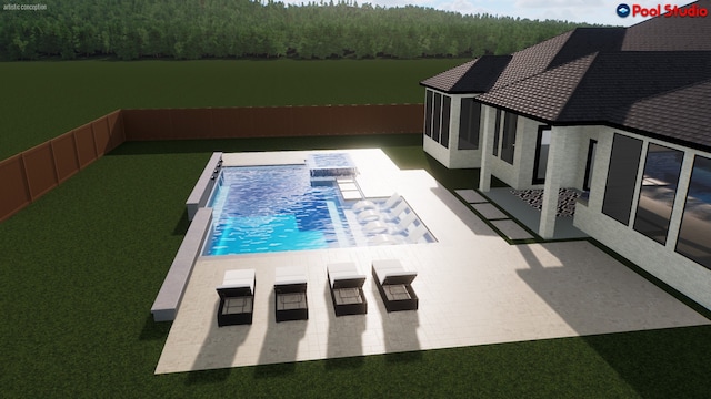 6826 Mirabeau Ln, Katy, TX 77493 - view of pool featuring a fenced backyard, a patio area, and a wooded view