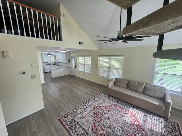 344 Timber Bay Dr, Trinity, TX 75862 - living room featuring a ceiling fan, dark wood finished floors, a textured ceiling, and high vaulted ceiling