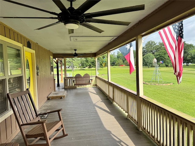 344 Timber Bay Dr, Trinity, TX 75862 - porch with a ceiling fan and a yard