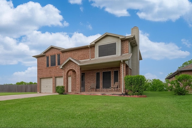 10834 Glenora Dr, Houston, TX 77065 - view of front of property featuring covered porch, an attached garage, driveway, brick siding, and a chimney