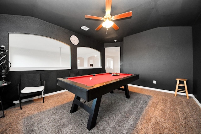 622 Aberhill Dr, Rosharon, TX 77583 - recreation room featuring vaulted ceiling, carpet, billiards table, and a ceiling fan