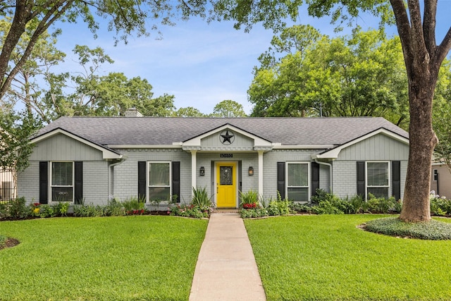 10610 Bordley Dr, Houston, TX 77042 - ranch-style house featuring a front yard, a shingled roof, brick siding, and a chimney