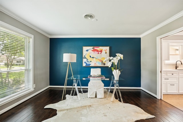 10610 Bordley Dr, Houston, TX 77042 - office space with crown molding, wood-type flooring, and an accent wall