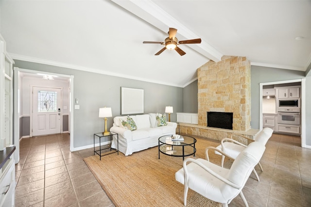 10610 Bordley Dr, Houston, TX 77042 - tiled living room featuring ceiling fan, crown molding, and a fireplace