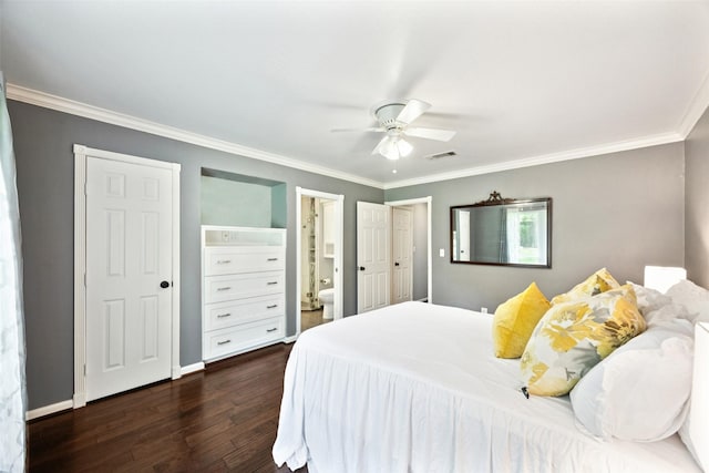 10610 Bordley Dr, Houston, TX 77042 - bedroom with dark wood-type flooring, ornamental molding, ensuite bathroom, and a ceiling fan