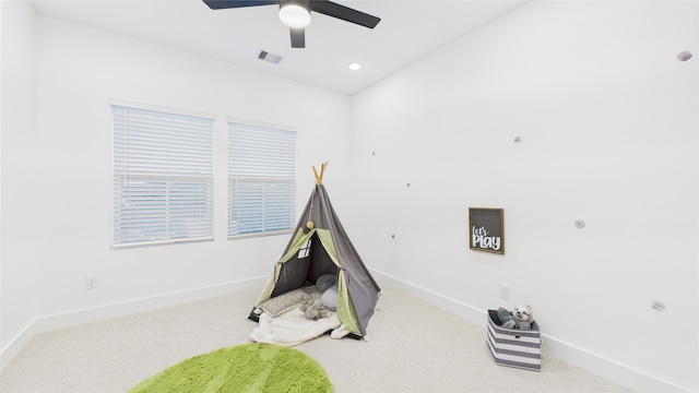 2712 Jensen Creek Ln, Houston, TX 77026 - game room with light carpet, a ceiling fan, and recessed lighting