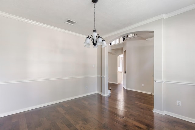 19002 Volley Vale Ct, Humble, TX 77346 - empty room featuring arched walkways, wood-type flooring, a chandelier, and crown molding
