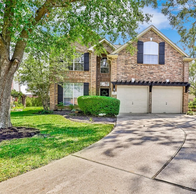 19002 Volley Vale Ct, Humble, TX 77346 - traditional-style house featuring brick siding, driveway, a front lawn, and an attached garage