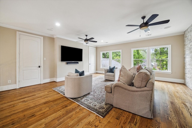 2 Burkhart Forest Ct, Spring Valley Village, TX 77055 - living area featuring crown molding, a ceiling fan, wood finished floors, and recessed lighting