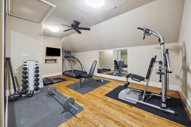 2 Burkhart Forest Ct, Spring Valley Village, TX 77055 - workout room featuring wood finished floors, a ceiling fan, and vaulted ceiling