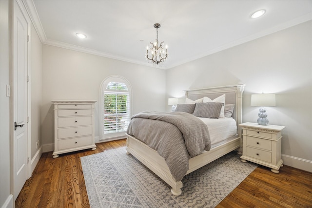 2 Burkhart Forest Ct, Spring Valley Village, TX 77055 - bedroom featuring ornamental molding, dark wood-style floors, a chandelier, and recessed lighting