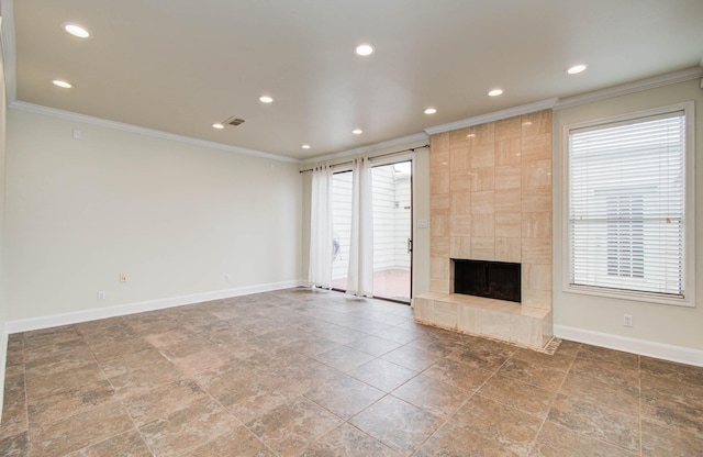 5701 Winsome Ln Unit 2, Houston, TX 77057 - unfurnished living room with crown molding, a fireplace, and recessed lighting