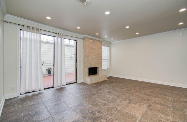 5701 Winsome Ln Unit 2, Houston, TX 77057 - unfurnished living room with crown molding, recessed lighting, a fireplace, and stone finish floors