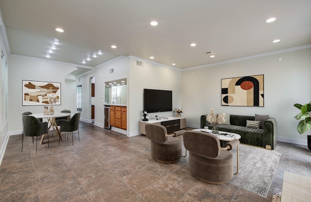 5701 Winsome Ln Unit 2, Houston, TX 77057 - living room featuring ornamental molding, recessed lighting, and wine cooler