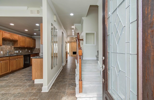 5701 Winsome Ln Unit 2, Houston, TX 77057 - hall featuring crown molding, recessed lighting, and stairway