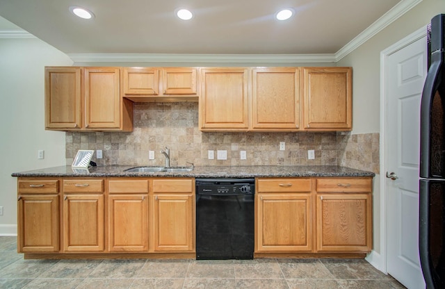 5701 Winsome Ln Unit 2, Houston, TX 77057 - kitchen with black dishwasher, crown molding, fridge, dark stone countertops, and backsplash