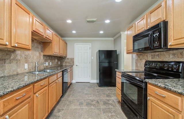5701 Winsome Ln Unit 2, Houston, TX 77057 - kitchen featuring black appliances, ornamental molding, decorative backsplash, stone counters, and recessed lighting