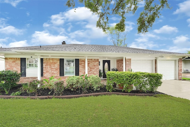 12814 Westmere Dr, Houston, TX 77077 - ranch-style house with a garage, concrete driveway, brick siding, a front lawn, and a shingled roof
