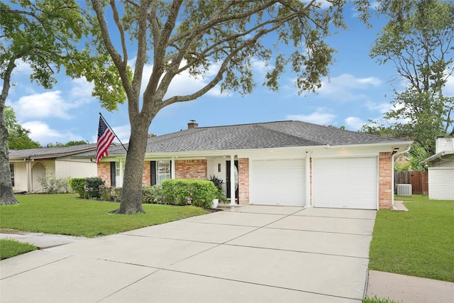 12814 Westmere Dr, Houston, TX 77077 - ranch-style home featuring brick siding, an attached garage, driveway, a chimney, and roof with shingles