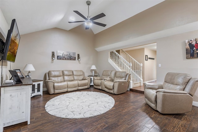 627 S Hyannis Port St, Crosby, TX 77532 - living area featuring stairs, a ceiling fan, lofted ceiling, and dark wood-type flooring