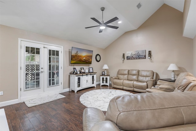 627 S Hyannis Port St, Crosby, TX 77532 - living room featuring french doors, ceiling fan, vaulted ceiling, dark wood-type flooring, and recessed lighting