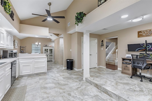 627 S Hyannis Port St, Crosby, TX 77532 - office area with lofted ceiling, a ceiling fan, and light marble finish floors