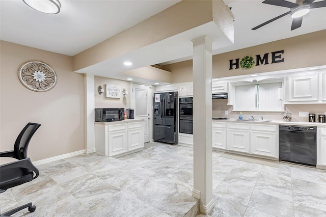 627 S Hyannis Port St, Crosby, TX 77532 - kitchen featuring black appliances, white cabinets, light countertops, and a ceiling fan