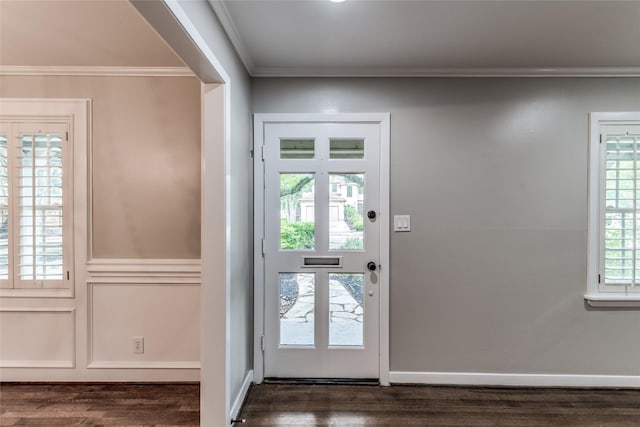 5541 Schumacher Ln, Houston, TX 77056 - doorway featuring crown molding and dark wood finished floors