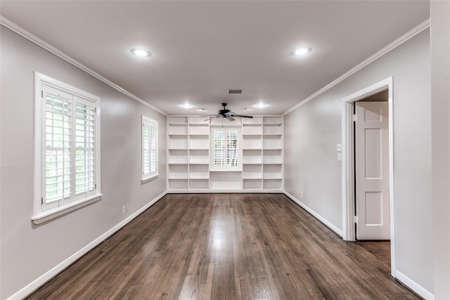 5541 Schumacher Ln, Houston, TX 77056 - unfurnished room with dark wood finished floors, ornamental molding, ceiling fan, recessed lighting, and built in features