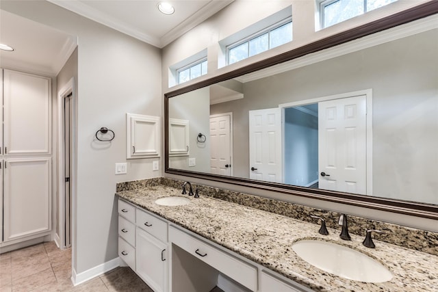 5541 Schumacher Ln, Houston, TX 77056 - full bathroom with double vanity, crown molding, tile patterned floors, and recessed lighting