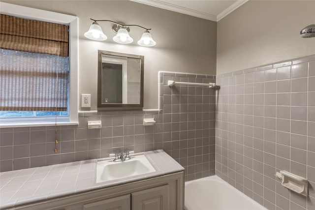 5541 Schumacher Ln, Houston, TX 77056 - full bath with crown molding, vanity, tile walls, and  shower combination